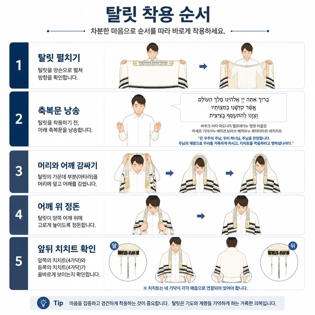 탈릿 착용법을 단계별로 보여 주는 인포그래픽